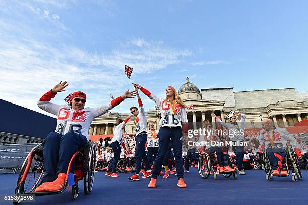 Athletes celebrate during the Olympics & Paralympics Team GB - Rio 2016 Victory Parade at Trafalgar Square on October 18, 2016 in London, England.