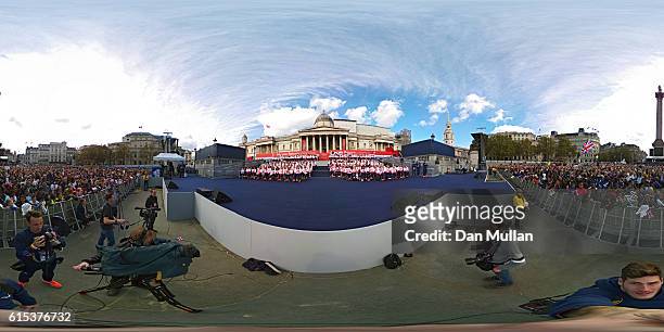 The Athletes pose while seated during the Olympics & Paralympics Team GB - Rio 2016 Victory Parade at Trafalgar Square on October 18, 2016 in London,...