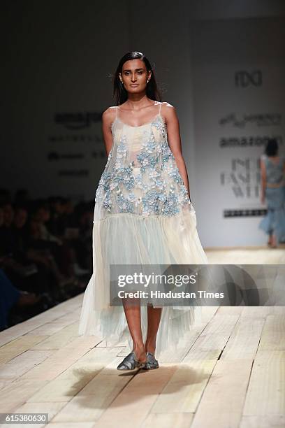 Model showcases the Not So Serious collection by the designer duo Pallavi Mohan during Amazon India Fashion Week Spring-Summer17 at NSIC exhibition...