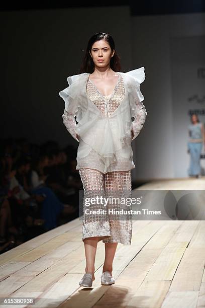 NEW DELHI, INDIA OCTOBER 15, 2016: A MODEL SHOWCASES THE NOT SO SERIOUS OF DESIGNER DUO PALLAVI MOHAN DURING AMAZON INDIA FASHION WEEK...