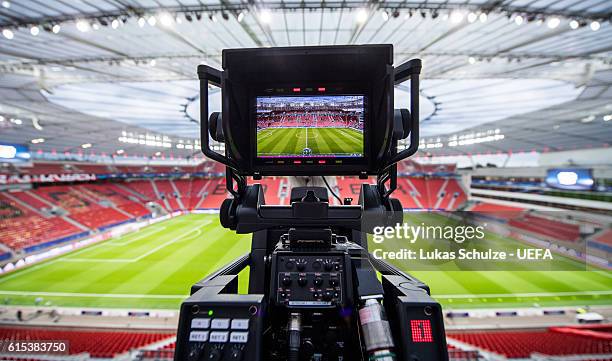 Tv camera is seen prior to the UEFA Champions League match between Bayer 04 Leverkusen and Tottenham Hotspur FC at BayArena on October 18, 2016 in...