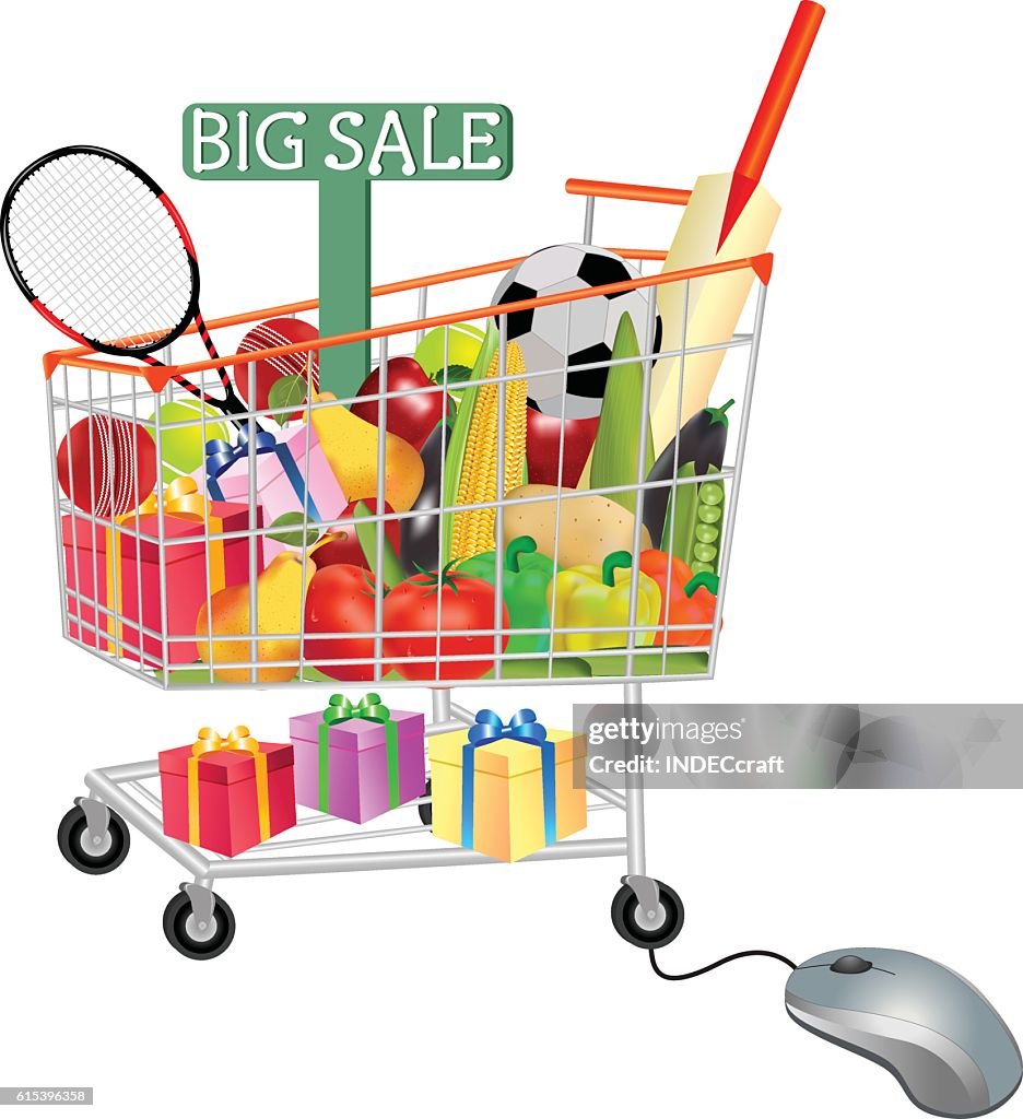Gifts Vegetables And Fruits In Shopping Trolley With Mouse