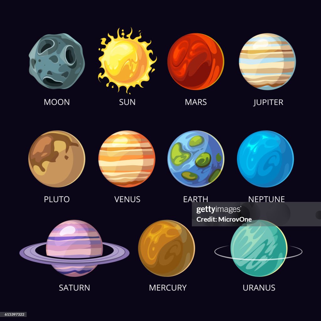 Planetas Del Sistema Solar Vector Dibujos Animados Ambientado En El Cielo  Oscuro Ilustración de stock - Getty Images