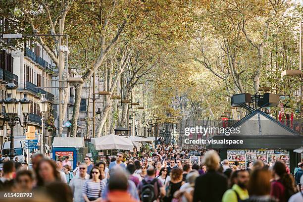 la rambla in barcelona - crowded park stock pictures, royalty-free photos & images