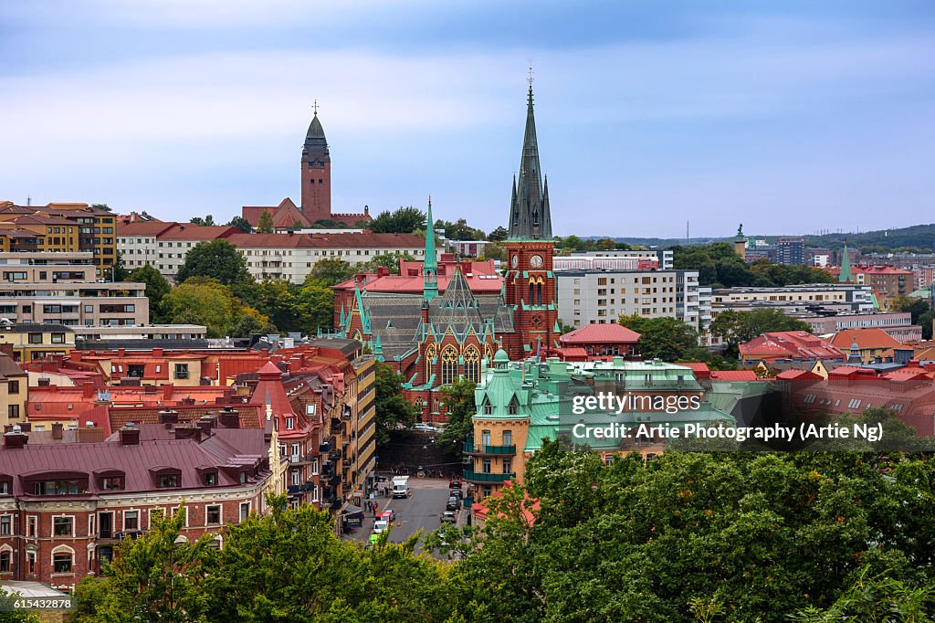 View of Oscar Fredrik Church, Masthugget Church and the Surroundings of Olivedal, Gothenburg, Sweden