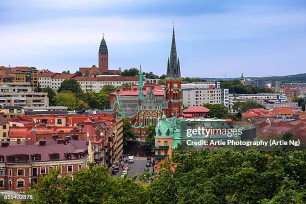 view of oscar fredrik church, masthugget church and the surroundings of olivedal, gothenburg, sweden - swedish lutheran church stock pictures, royalty-free photos & images