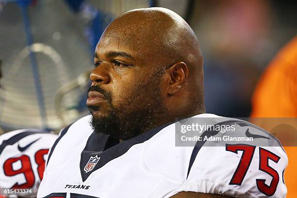 Vince Wilfork of the Houston Texans looks on during the game against the New England Patriots at Gillette Stadium on September 22, 2016 in Foxboro,...