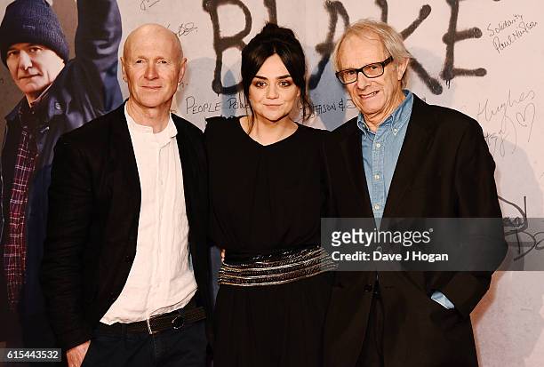 Paul Laverty, Hayley Squires and Director Ken Loach attends the "I, Daniel Blake" People's Premiere at Vue West End on October 18, 2016 in London,...