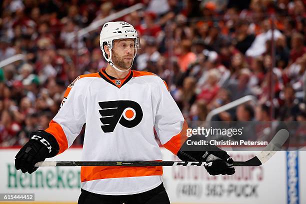 Nick Schultz of the Philadelphia Flyers in action during the NHL game against Arizona Coyotes at Gila River Arena on October 15, 2016 in Glendale,...