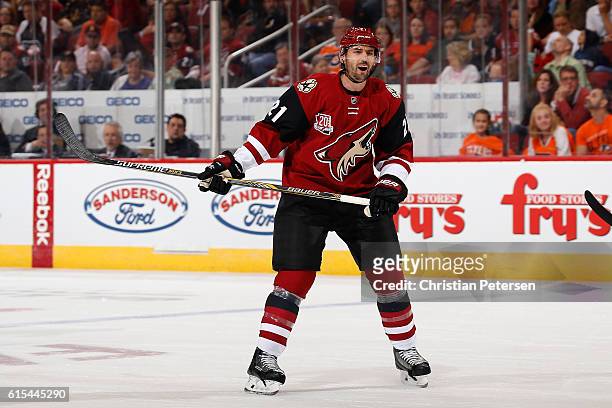 Jamie McBain of the Arizona Coyotes in action during the NHL game against Philadelphia Flyers at Gila River Arena on October 15, 2016 in Glendale,...