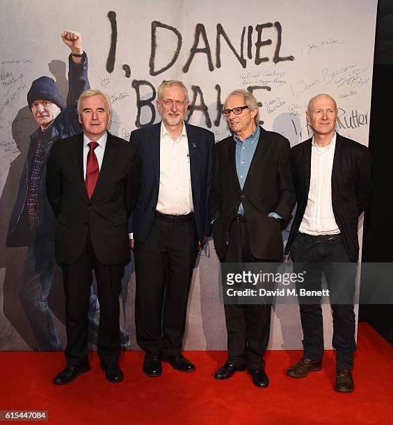 John McDonnell, Jeremy Corbyn, Ken Loach and Paul Laverty attend the "I, Daniel Blake" People's Premiere at Vue West End on October 18, 2016 in...