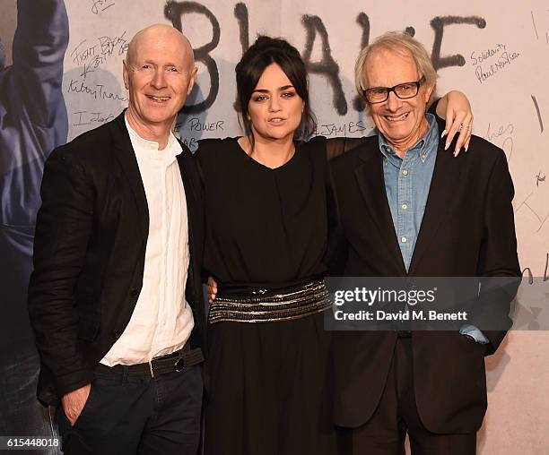 Paul Laverty, Hayley Squires and Ken Loach attend the "I, Daniel Blake" People's Premiere at Vue West End on October 18, 2016 in London, England.