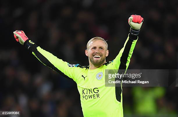 Kasper Schmeichel of Leicester City celebrates his team's first goal during the UEFA Champions League Group G match between Leicester City FC and FC...