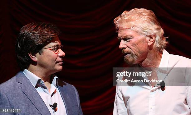 Sir Richard Branson and CEO of Virgin Cruises Tom McAlpin attend Press Conference at Faena Hotel on October 18, 2016 in Miami Beach, Florida.