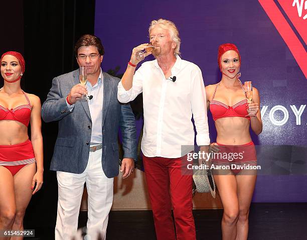 Sir Richard Branson and CEO of Virgin Cruises Tom McAlpin attend Press Conference at Faena Hotel on October 18, 2016 in Miami Beach, Florida.