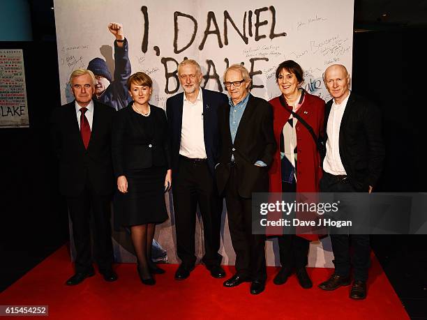 John McDonnell, a guest, Jeremy Corbyn, Ken Loach, Rebecca O'Brien and Paul Laverty attend the "I, Daniel Blake" People's Premiere at Vue West End on...