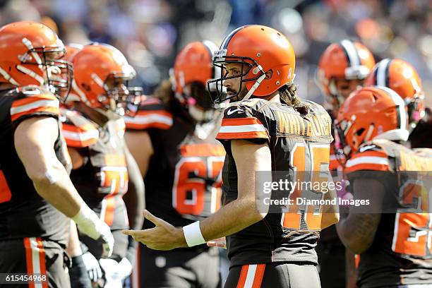 Quarterback Charlie Whitehurst of the Cleveland Browns looks toward the sideline during a game against the New England Patriots on October 9, 2016 at...