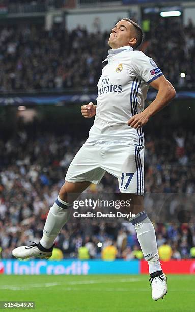 Lucas Vazquez of Real Madrid celebrates scoring his team's fourth goal during the UEFA Champions League Group F match between Real Madrid CF and...