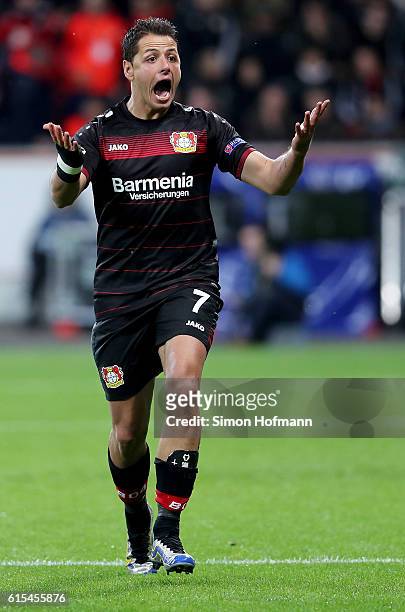 Javier Hernandez of Leverkusen reacts after he fails to score during the UEFA Champions League group E match between Bayer 04 Leverkusen and...