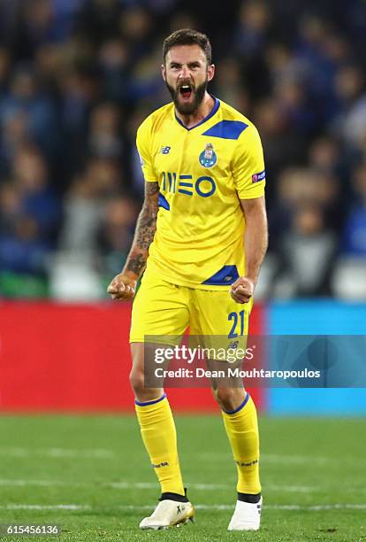 Miguel Layun of FC Porto celebrates scoring his team's first goal during the UEFA Champions League Group G match between Club Brugge KV and FC Porto...