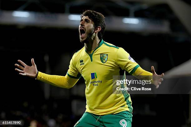 Nelson Oliveira of Norwich reactsl during the Sky Bet Championship match between Fulham and Norwich City at Craven Cottage on October 18, 2016 in...