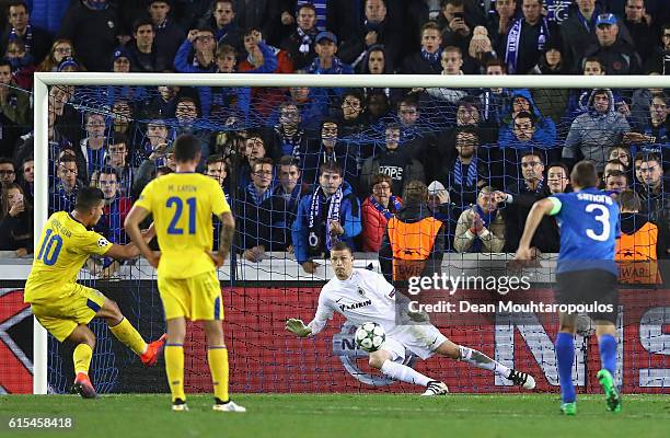 Andre Silva of FC Porto converts the penalty to score his team's second goal during the UEFA Champions League Group G match between Club Brugge KV...