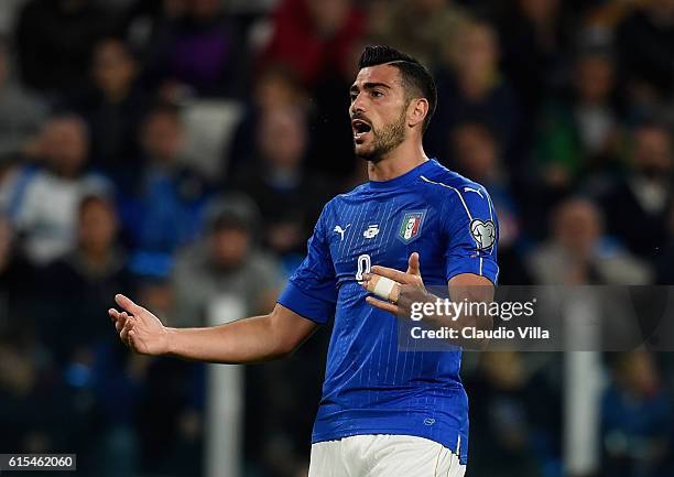 Graziano Pelle of Italy reacts during the FIFA 2018 World Cup Qualifier between Italy and Spain at Juventus Stadium on October 6, 2016 in Turin,...