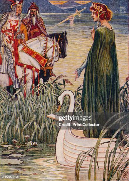 King Arthur asks the Lady of the Lake for the sword Excalibur', 1911. Sir Baldwin and the stroke Dolorous. The sword Excalibur given by the Lady of...