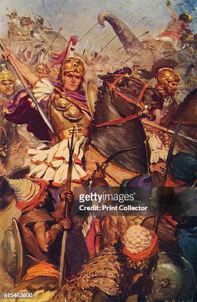 Alexander at the Battle with Porus', 326 BC. . The forces of Alexander the Great combat those of the Indian rajah Porus on the banks of the River...