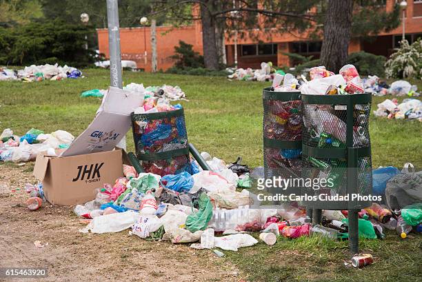 overflowing bins in a park of ciudad universitaria, madrid - city cleaning stock-fotos und bilder