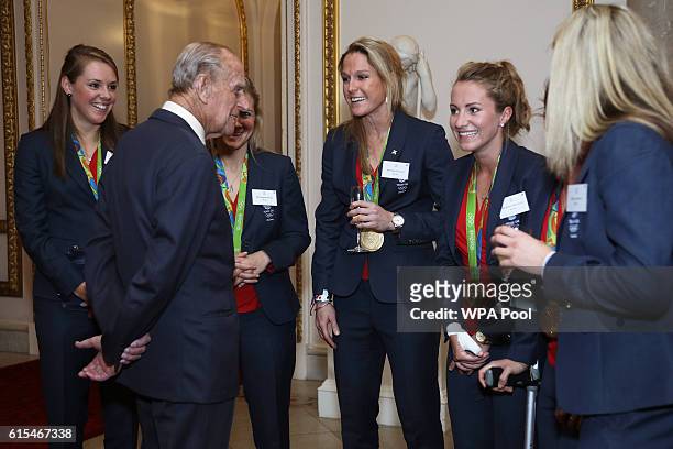 Prince Philip, Duke of Edinburgh meets the Ladies Hockey Team at a reception for Team GB's 2016 Olympic and Paralympic teams at Buckingham Palace...