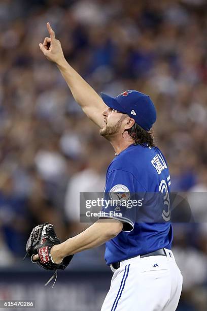 Jason Grilli of the Toronto Blue Jays reacts after closing out the top of the eighth inning against the Cleveland Indians during game four of the...