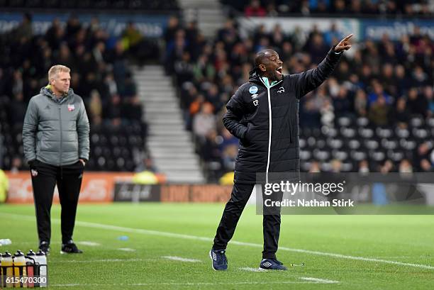 October 18: Chris Powell, assistant manager of Derby County gives instructions during the Sky Bet Championship match between Derby County and...