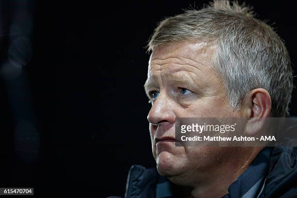 Chris Wilder the manager / head coach of Sheffield United during the Sky Bet League One match between Shrewsbury Town and Sheffield United at...