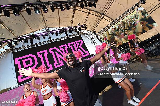 Irie performs onstage with Virginia Tech Cheerleaders at the "PINK Nation Campus Party" hosted by Victoria's Secret PINK at Virginia Tech on October...