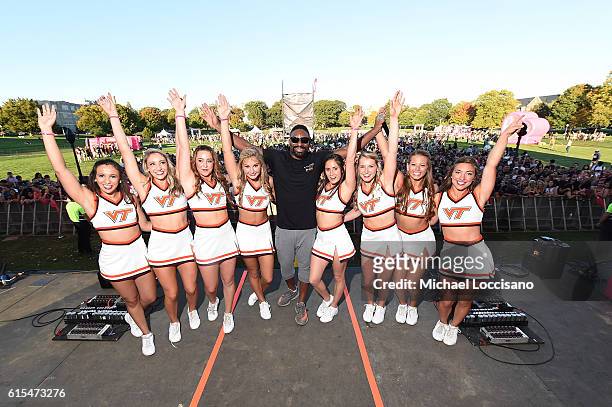 Irie poses onstage with Virginia Tech Cheerleaders at the "PINK Nation Campus Party" hosted by Victoria's Secret PINK at Virginia Tech on October 18,...