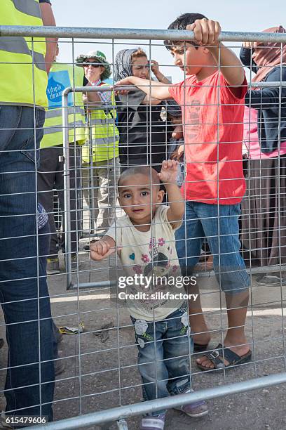 refugees and volunteers in food line on chios in greece - quiosque stock pictures, royalty-free photos & images