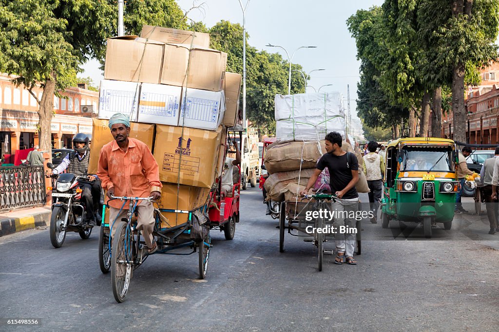 Street Scene with Tricycles, Rickshaws, Motorcycle, Jaipur, India