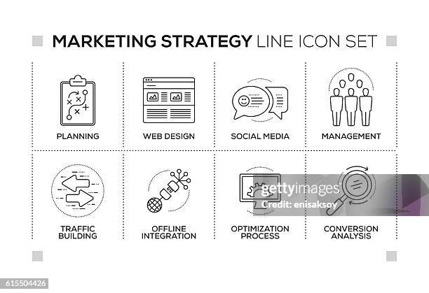 stockillustraties, clipart, cartoons en iconen met marketing strategy keywords with monochrome line icons - conversion sport