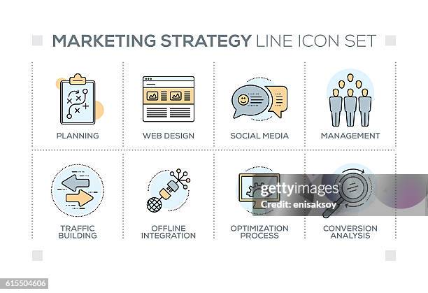 stockillustraties, clipart, cartoons en iconen met marketing strategy keywords with line icons - conversion sport