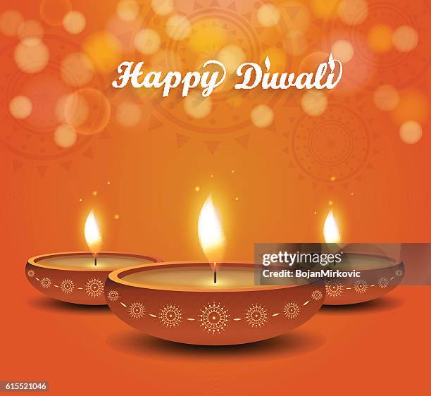 stockillustraties, clipart, cartoons en iconen met diwali poster on orange background with burning diya - lampion verlichting