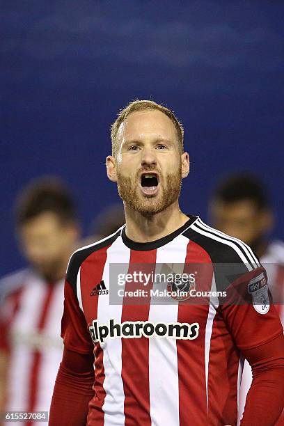 Matty Done of Sheffield United reacts following the Sky Bet League One game between Shrewsbury Town and Sheffield United at Greenhous Meadow on...