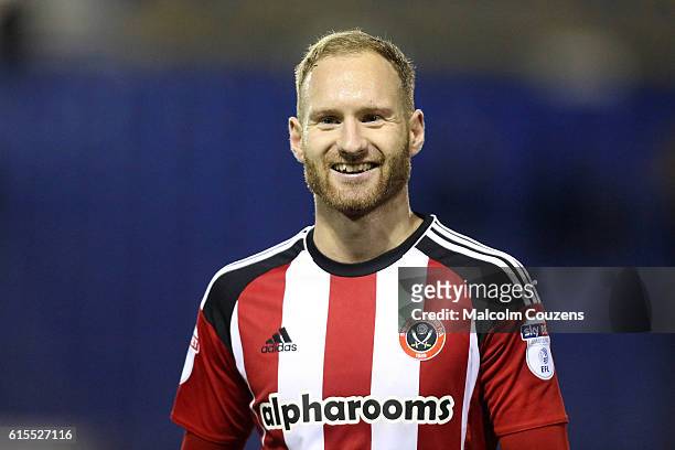 Matty Done of Sheffield United reacts following the Sky Bet League One game between Shrewsbury Town and Sheffield United at Greenhous Meadow on...