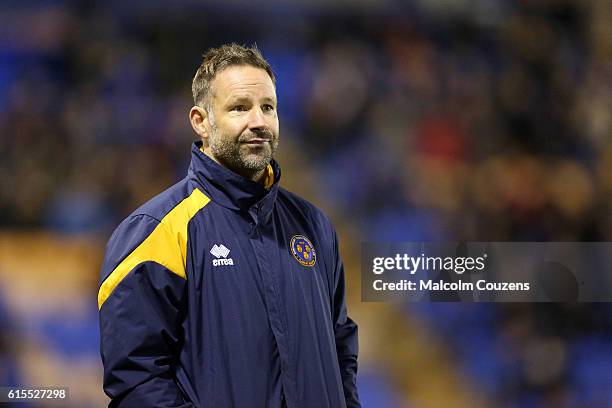 Shrewsbury Town caretaker manager Danny Coyne looks on during the Sky Bet League One game between Shrewsbury Town and Sheffield United at Greenhous...