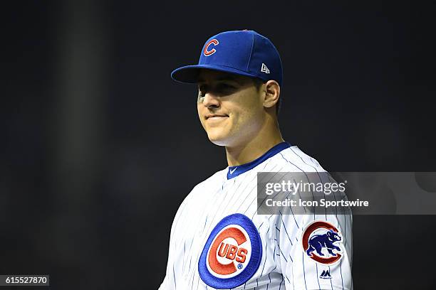 Chicago Cubs first baseman Anthony Rizzo smiles in game two of the National League Championship Series between the Los Angeles Dodgers and the...