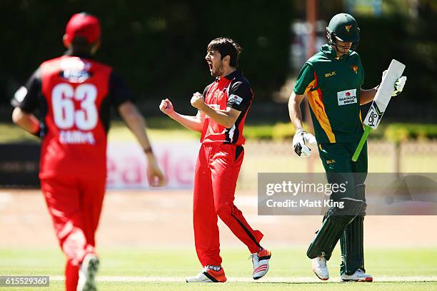 Cameron Valente of the Redbacks celebrates taking the wicket of Beau Webster of the Tigers during the Matador BBQs One Day Cup match between South...