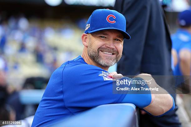 David Ross of the Chicago Cubs looks on prior to Game 3 of the NLCS against the Los Angeles Dodgers at Dodger Stadium on Tuesday, October 18, 2016 in...