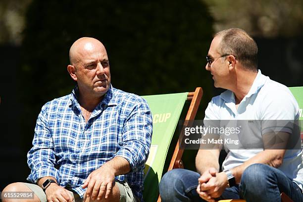 Australian cricket coach Darren Lehmann and former Test player and commentator Michael Slater attend the Matador BBQs One Day Cup match between South...