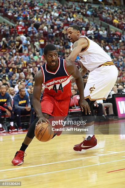 Andrew Nicholson of the Washington Wizards drives to the basket during a preseason game against the Cleveland Cavaliers on October 18, 2015 at Value...