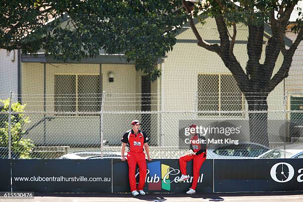 Daniel Worrall of the Redbacks and Jake Weathered of the Redbacks wait on the boundary for a ball that was hit onto the street during the Matador...